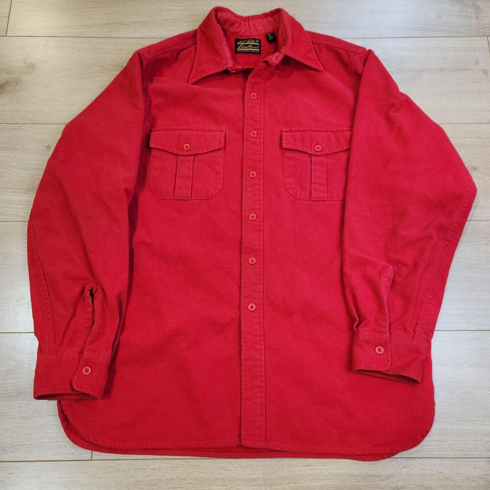 Vintage Eddie Bauer Shirt Mens Large Red Solid Flannel Button Up USA Outdoor